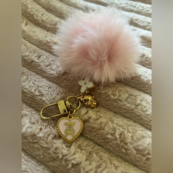 Cute Pink Pompom Puff Gold Keychain Bag Charm with Teddy Bear and Star Flower - Picture 3 of 5